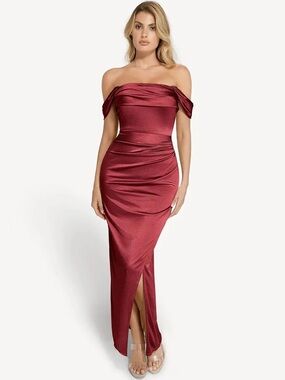 Brand Popilush. Scarlet Satin High-Low Off-Shoulder Dress